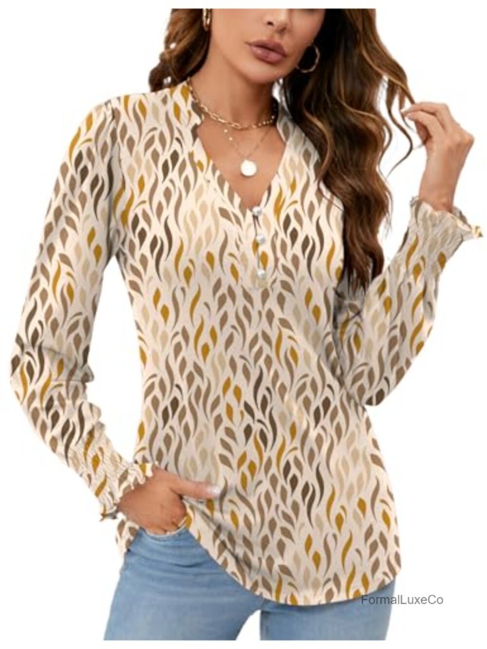 Women's V Neck Tunic Blouse Long Sleeve Puff Sleeve Button Down Casual Top